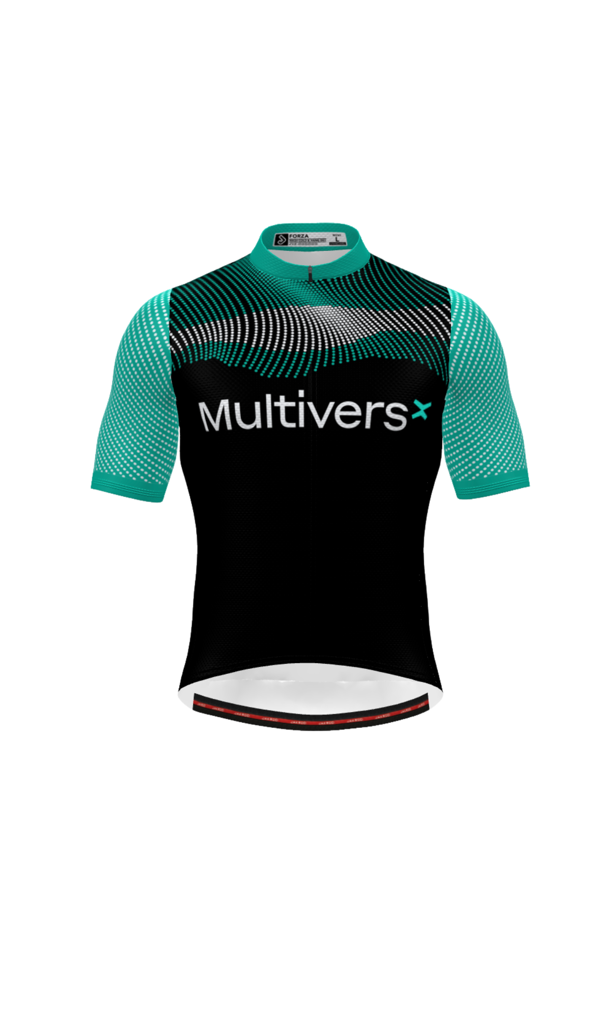 MultiversX Forza Jersey with black base and emerald accents, modern cycling apparel.