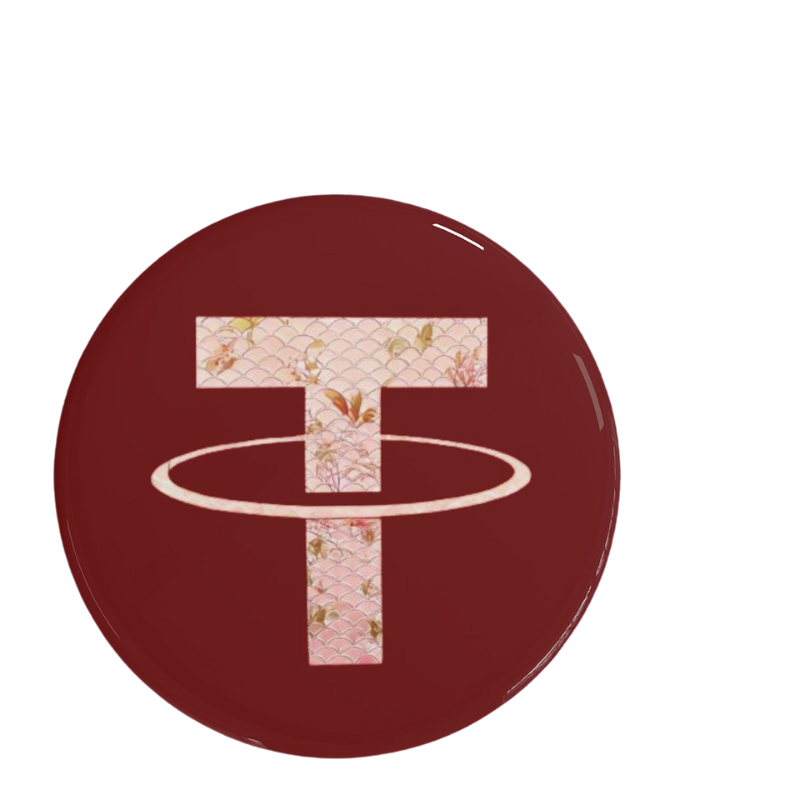 Tether Balance Pin with floral design on deep red background.