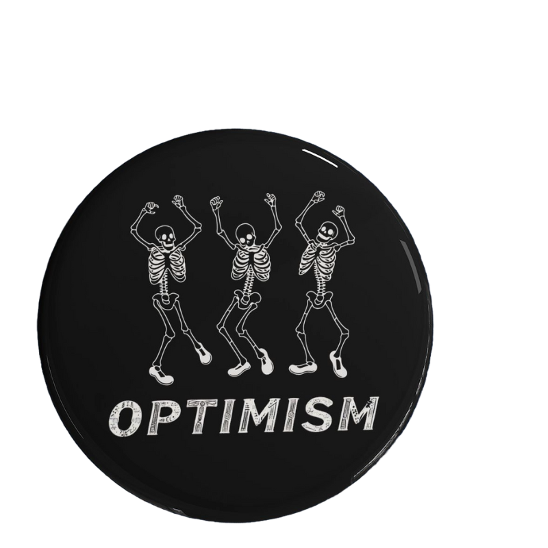 Optimism Bone Pin featuring quirky skeleton design and "OPTIMISM" text on black background, showcasing Ethereum Layer 2 support.
