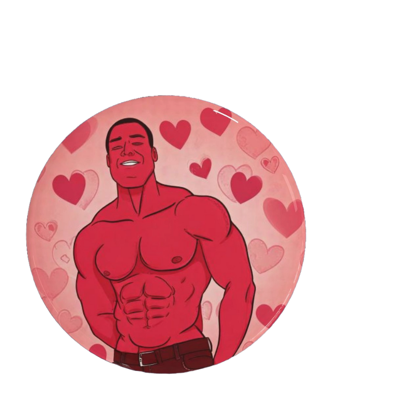 Gigachad Lover Pin featuring iconic Chad meme with heart background, symbolizing meme culture and confidence.
