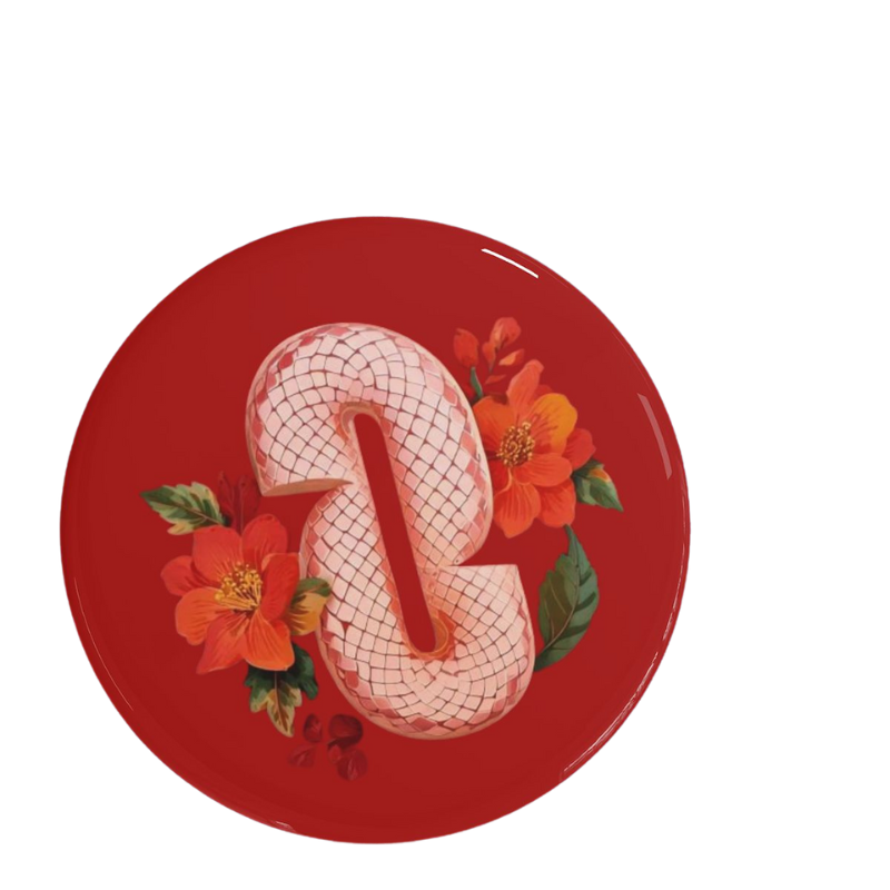 LayerZero Lunar Snake Pin with intricate design on a vibrant red background featuring floral accents.