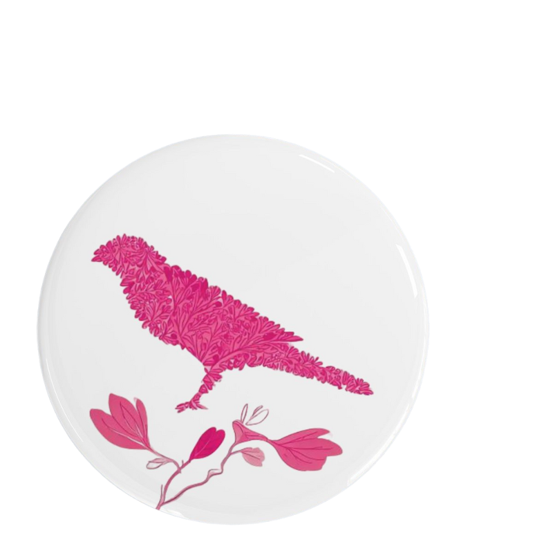 Kusama Pink Rebellion Pin featuring bold pink floral bird design on white background, symbolizing individuality and defiance.