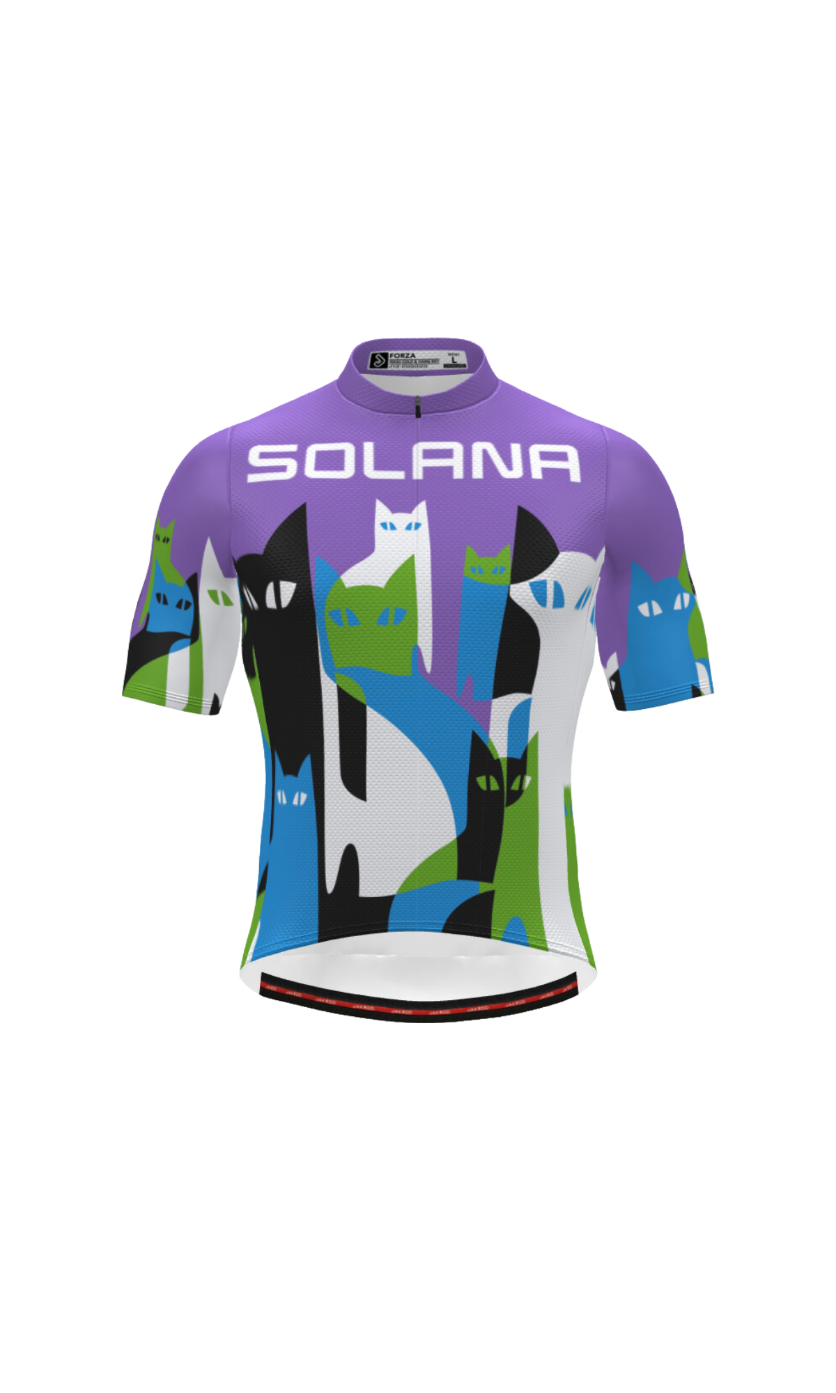 Solana Cats Forza Jersey with multicolored cat pattern on purple background.