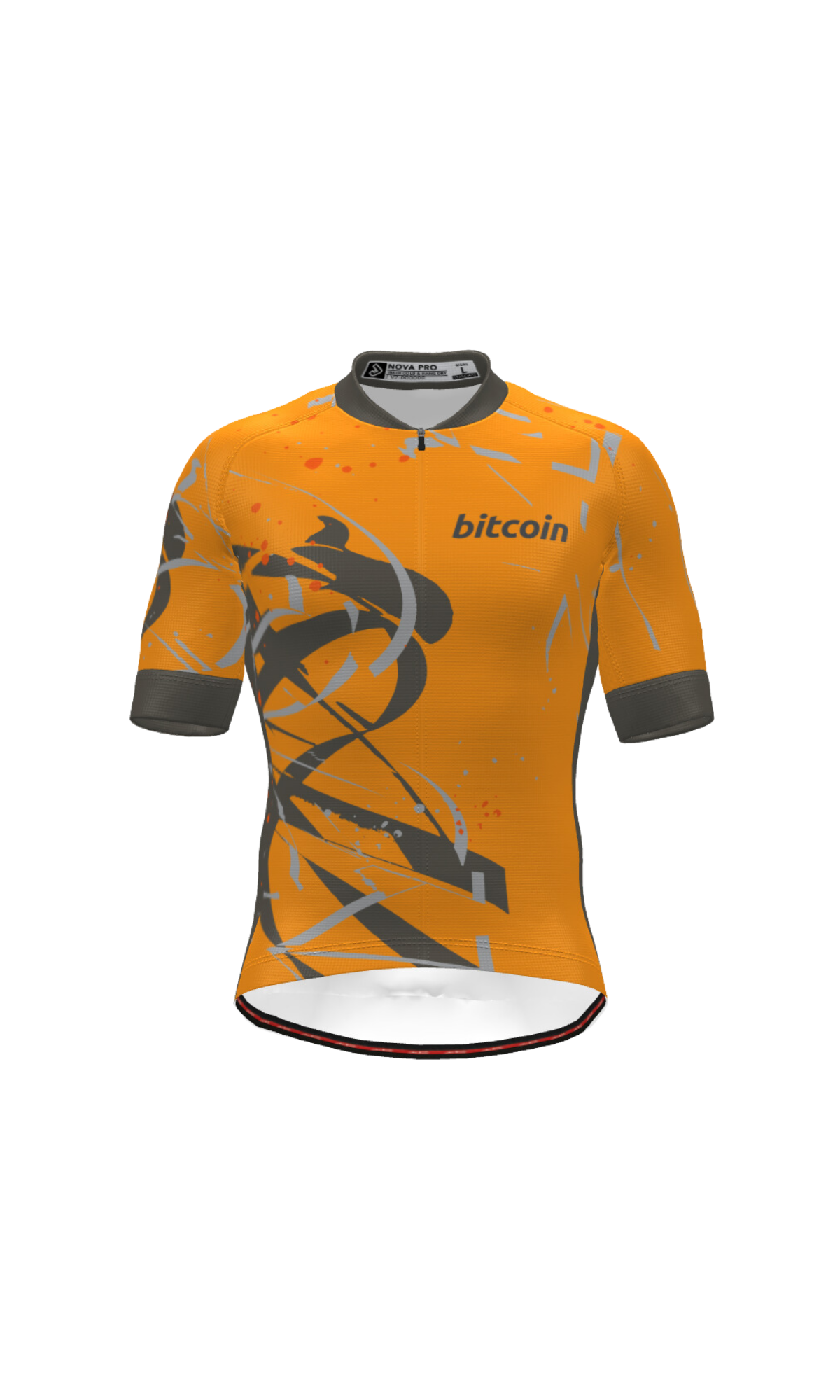 Bitcoin Nova Pro Jersey in orange and gray abstract pattern with Bitcoin branding, full-length zipper, and reflective accents.