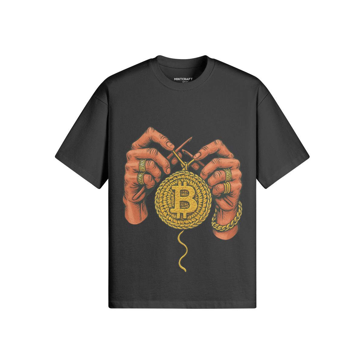 Bitcoin Threads T-shirt featuring knitting hands and Bitcoin design.
