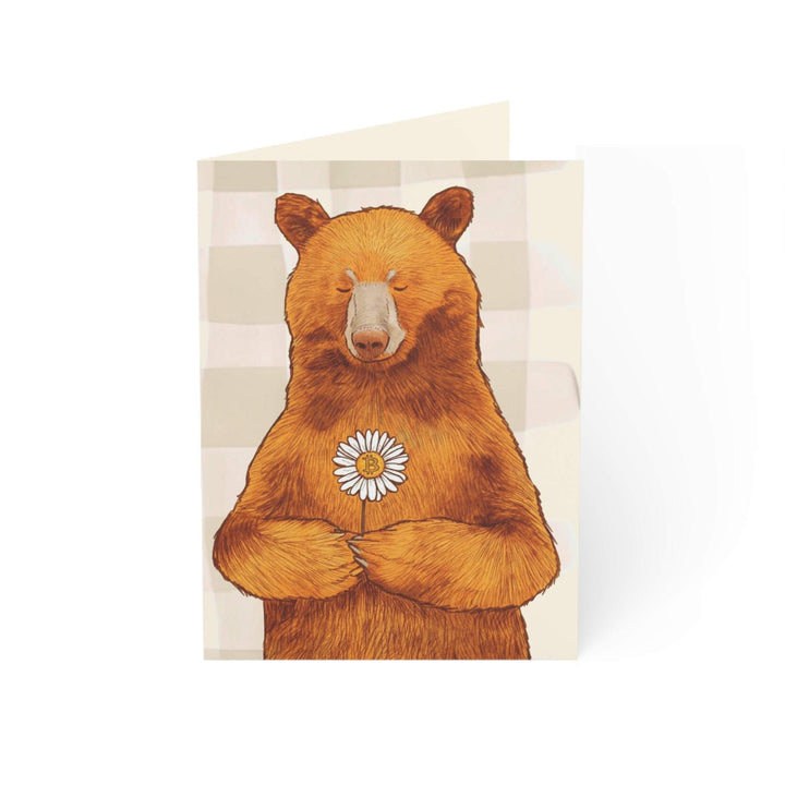 Bear Market Bloom greeting card with golden bear holding a daisy featuring a Bitcoin center on a minimalist background