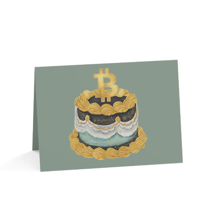 Bitcake Birthday Card featuring a layered cake with golden Bitcoin topper and pastel frosting on a green background