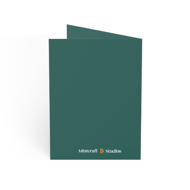 Birds & Bitcoin Greeting Card with teal background and Mintcraft Studios logo