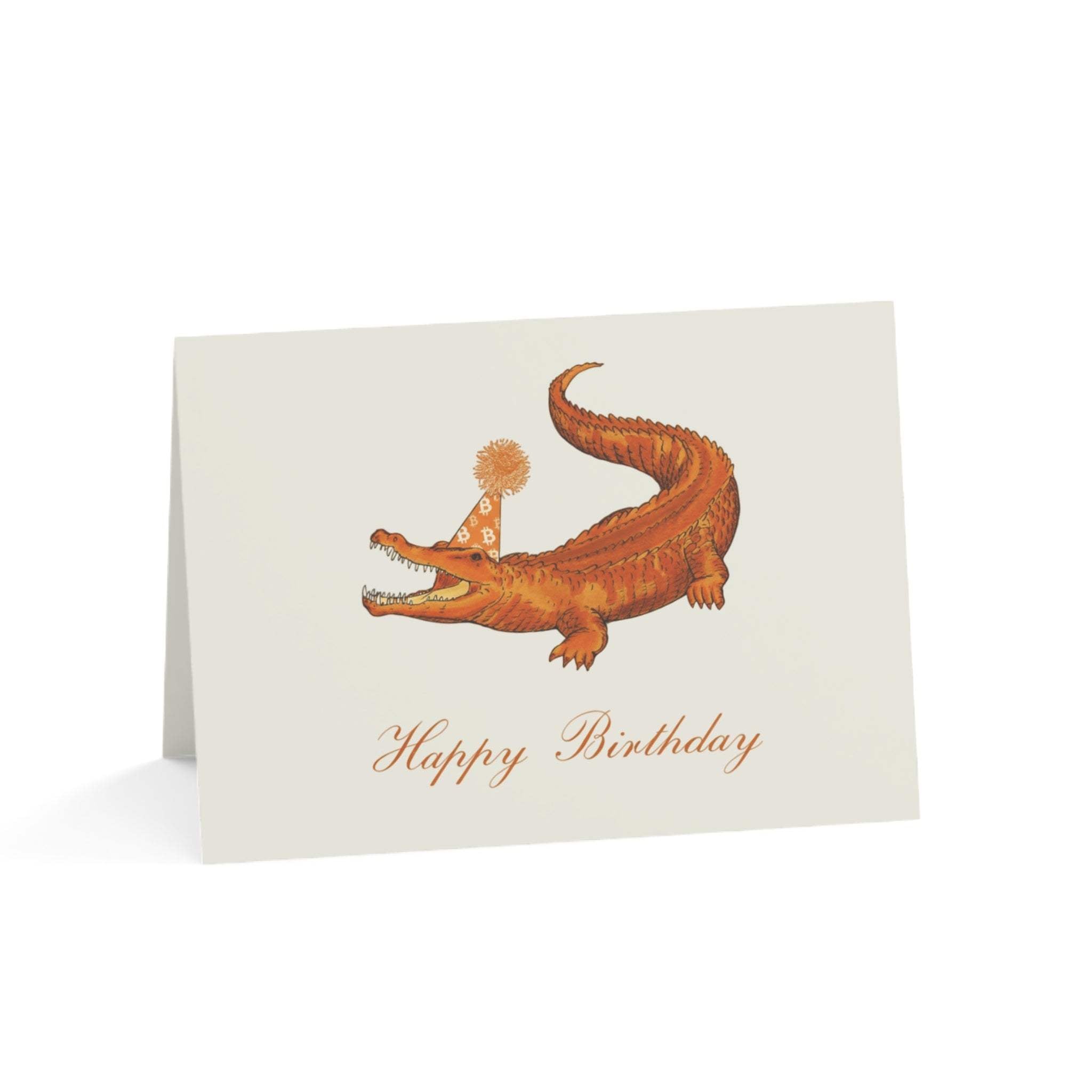Crypto Gator Birthday Card featuring orange alligator with Bitcoin party hat and Happy Birthday text