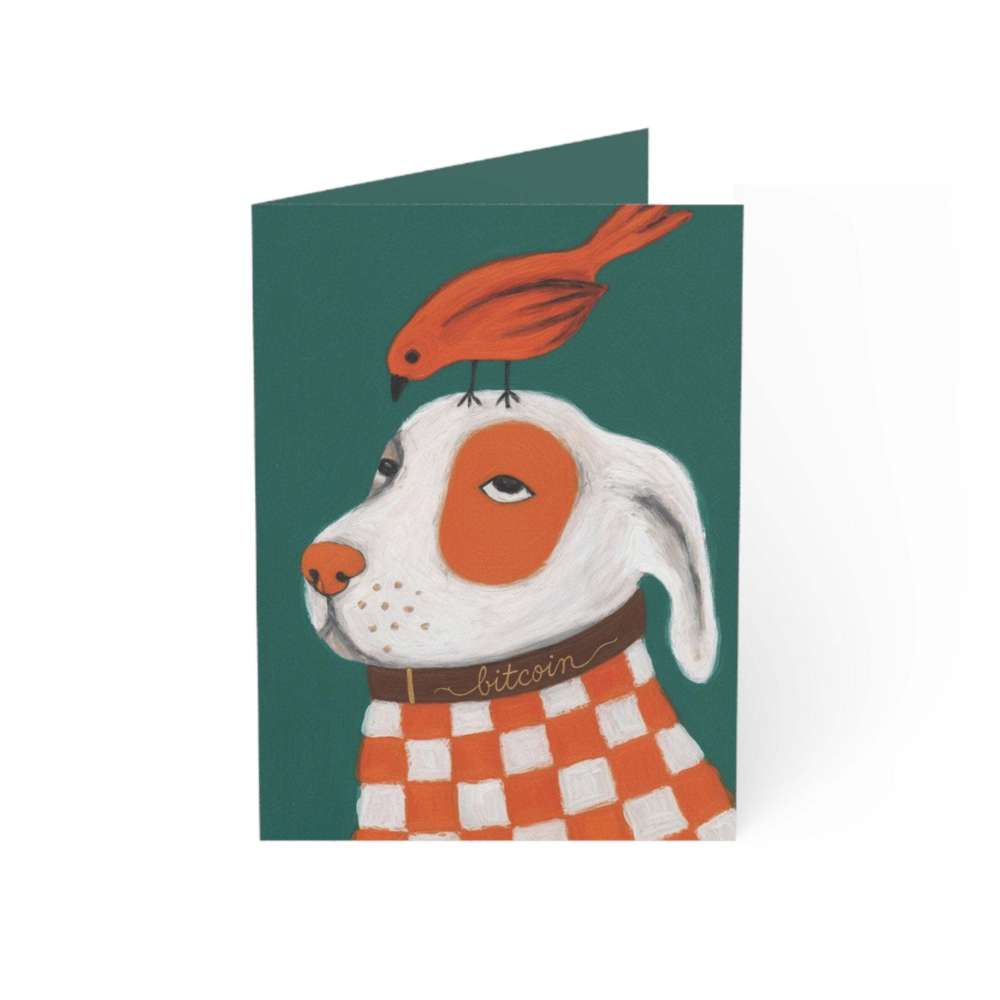 Birds & Bitcoin Greeting Card with white dog in checkered orange sweater and orange bird on teal background