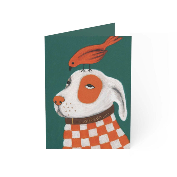 Birds & Bitcoin Greeting Card with white dog in checkered orange sweater and orange bird on teal background