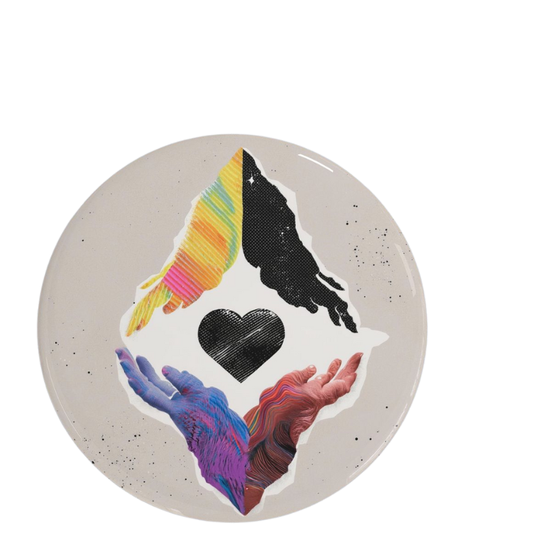 Ethereum Harmony Pin featuring colorful design with hands and heart symbol.