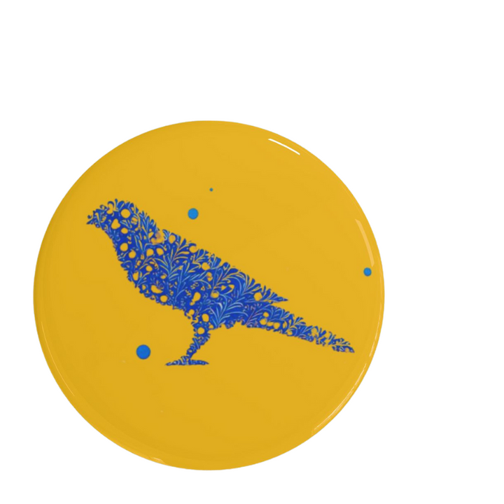 Kusama Canary Blue and Yellow Pin featuring a bold canary design.