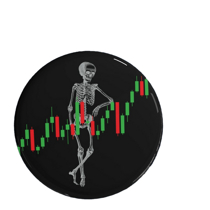 Bone & Candles Pin featuring candlestick patterns and skeleton design for crypto traders.