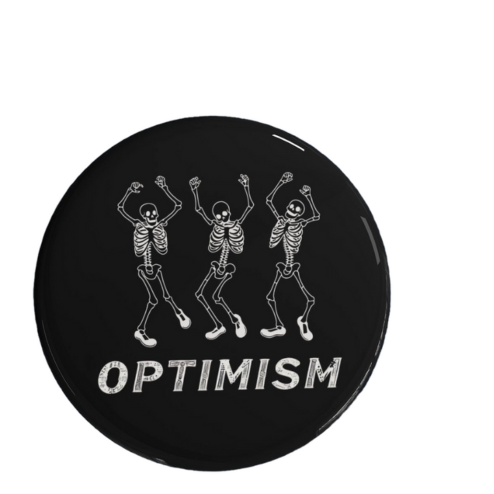 Optimism Bone Pin featuring quirky skeleton design and "OPTIMISM" text on black background, showcasing Ethereum Layer 2 support.