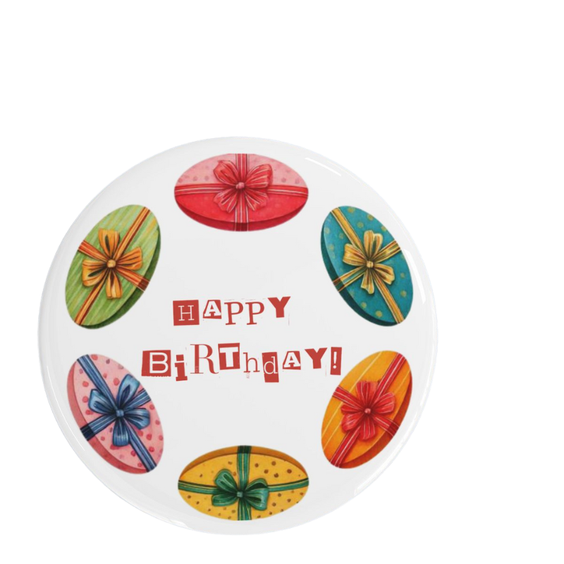 Polkadot Birthday Pin featuring colorful gift graphics and a celebratory design.
