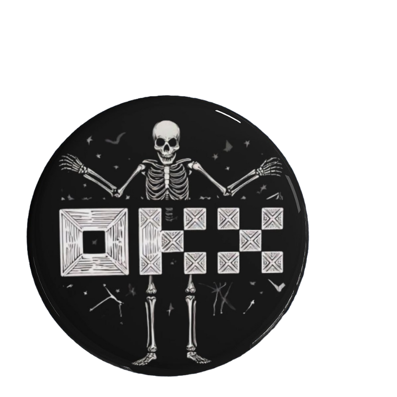 OKX Bone Pin with skeletal figure and pixel-block logo on black enamel.