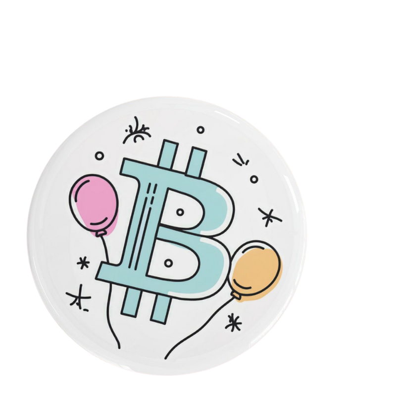 Bitcoin Birthday Pin featuring festive design with Bitcoin logo and colorful balloons.