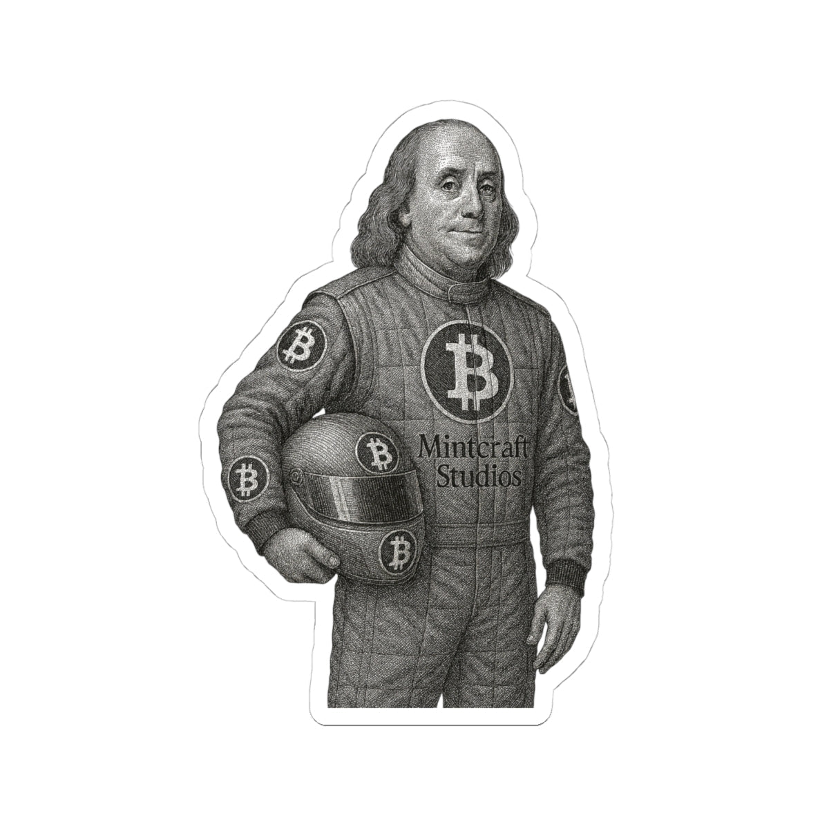 Crypto Benjamin Stickers - Glossy vinyl with eco-friendly inks featuring Benjamin Franklin in a crypto-themed design.