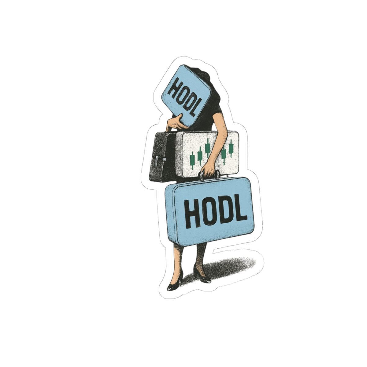 Traders Baggage Sticker with glossy finish and vibrant design featuring 'HODL' text on suitcases.