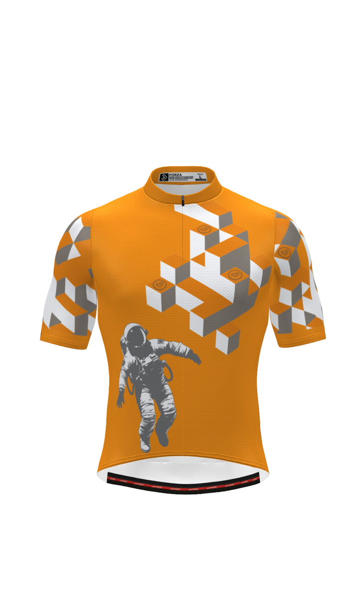Astronaut Bitcoin Forza Jersey with orange geometric pattern and astronaut graphic.
