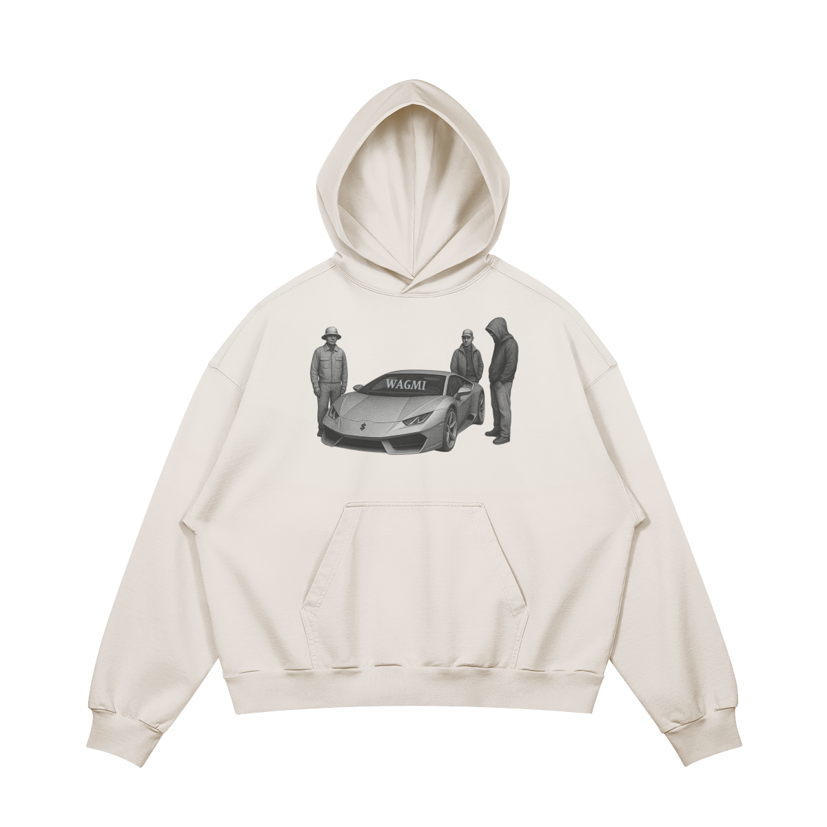 Wagmi Hoodie with boxy fit, drop shoulders, and kangaroo pocket, featuring a unique washed effect and trendy relaxed silhouette.