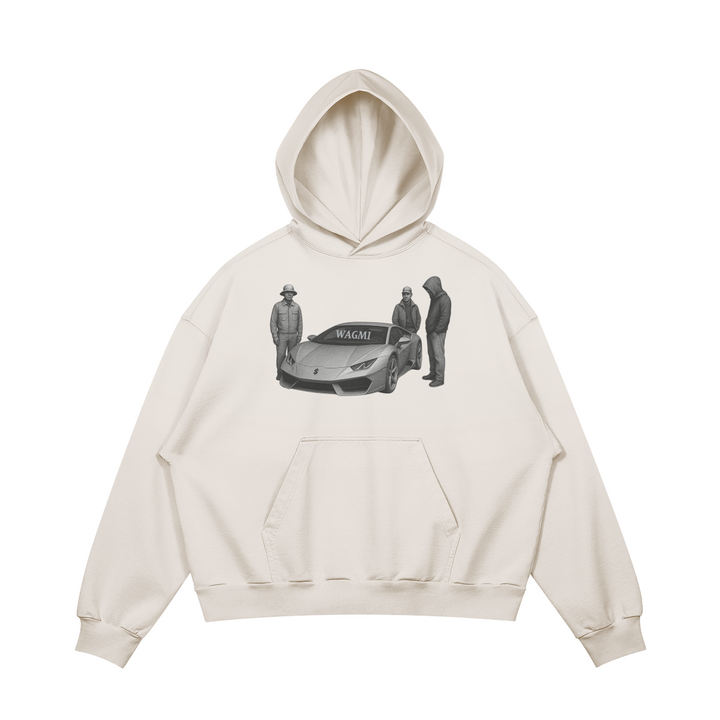 Wagmi Hoodie with boxy fit, drop shoulders, and kangaroo pocket, featuring a unique washed effect and trendy relaxed silhouette.