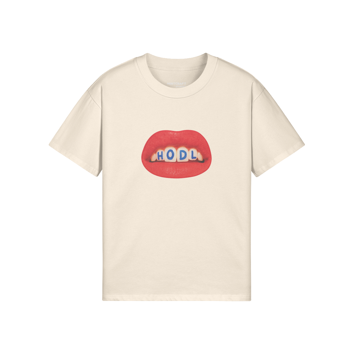 Hodl Rockband T-shirt in earthy tones with red lip graphic, oversized fit.