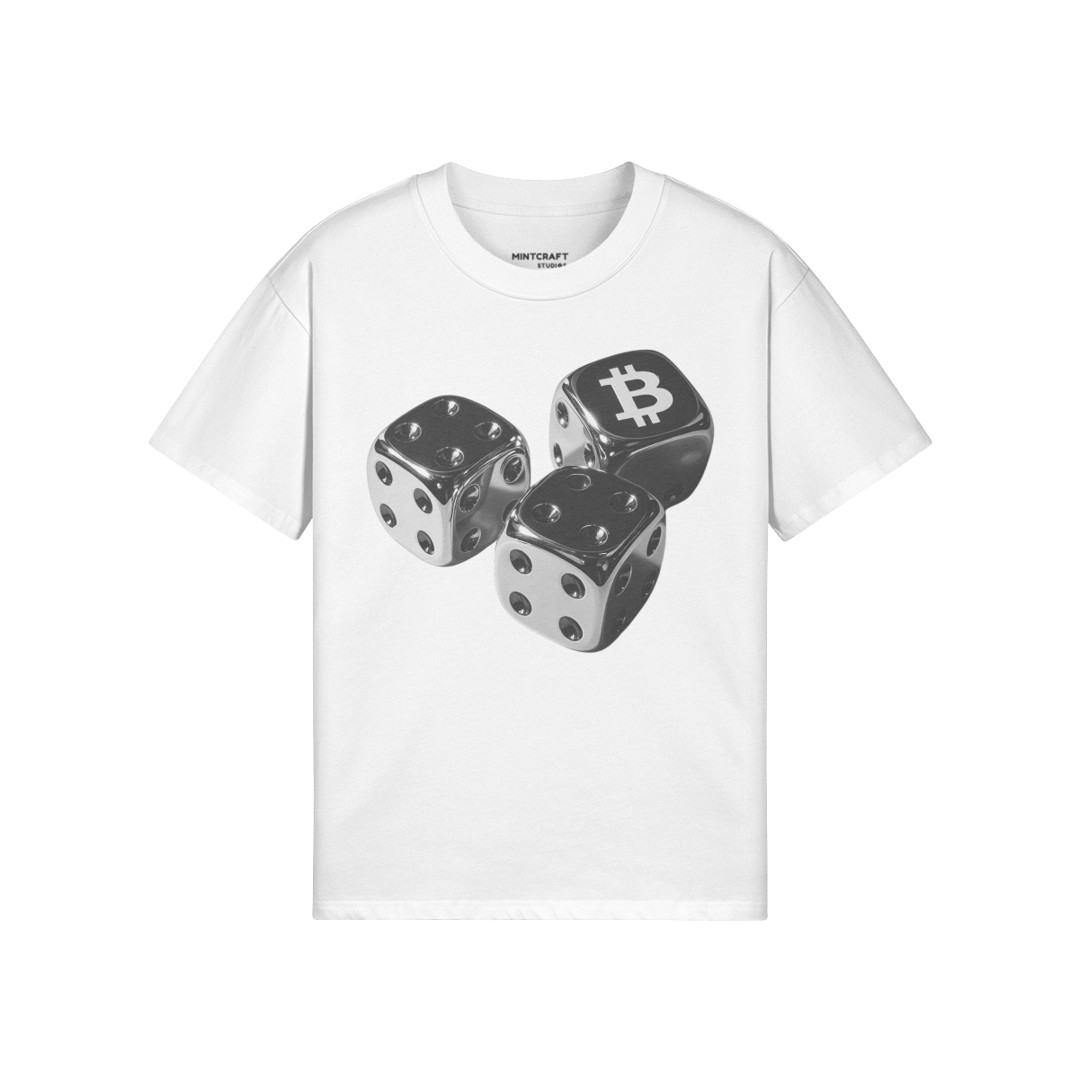 Bitcoin Gamble Embroidered T-shirt with dice graphic on front, oversized 100% cotton crew neck.