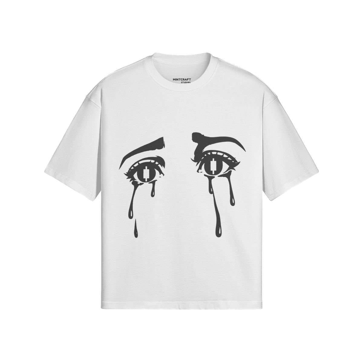 Boxy white "Casino Tears T-shirt" with minimalist design, featuring teardrop-eyed graphic on front.