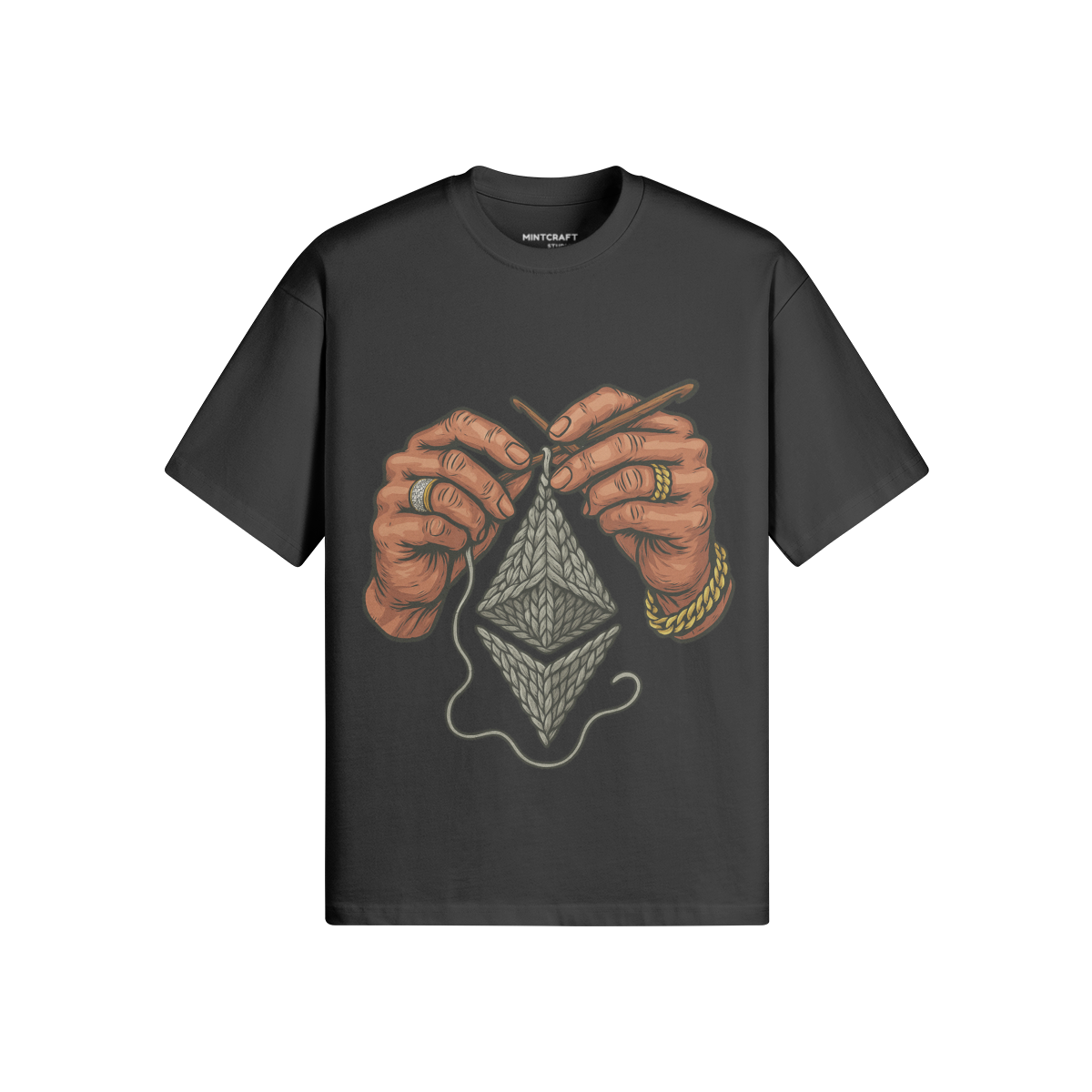 Ethereum Threads T-shirt featuring knitting design on high-quality cotton fabric.
