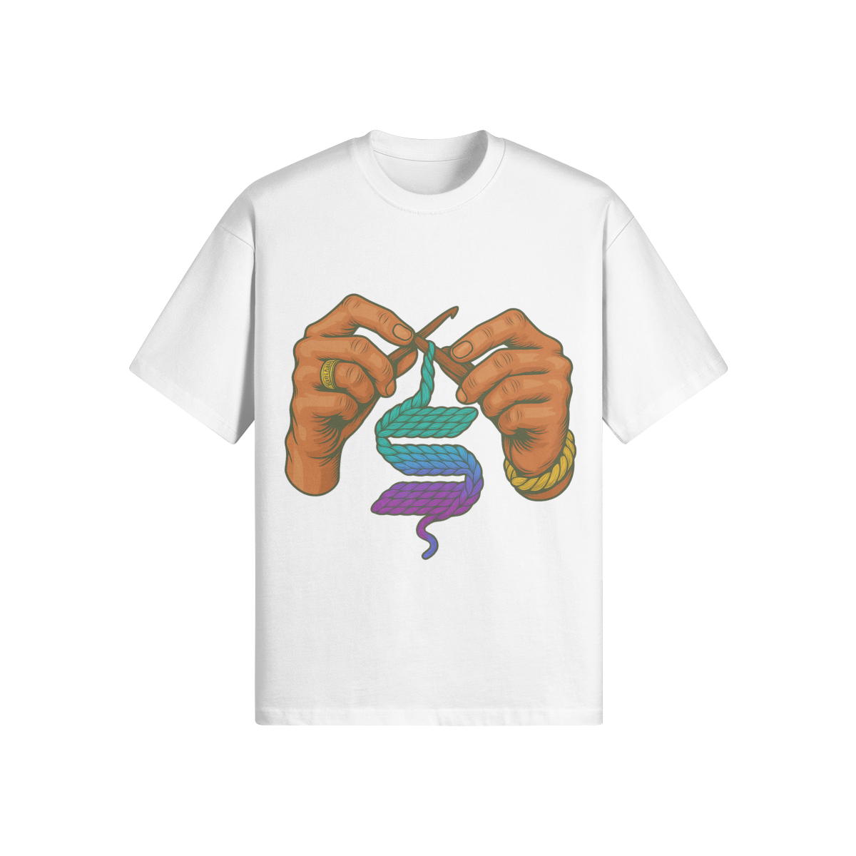 Solana Threads T-shirt with colorful crochet design on white cotton fabric.