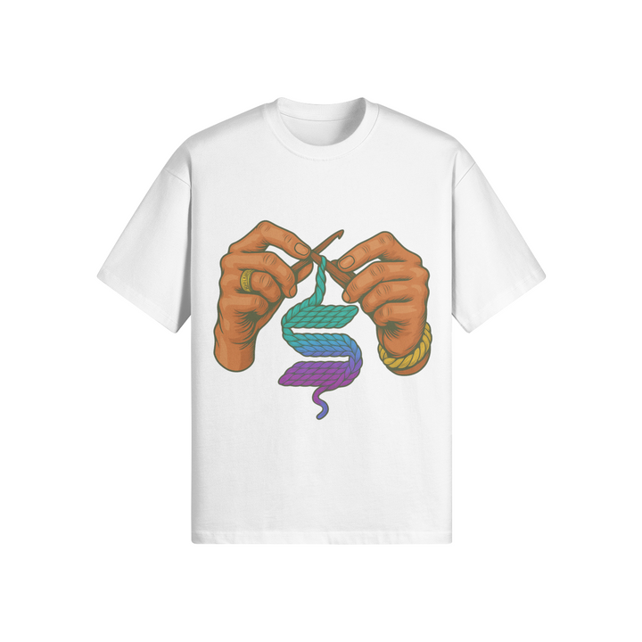 Solana Threads T-shirt with colorful crochet design on white cotton fabric.