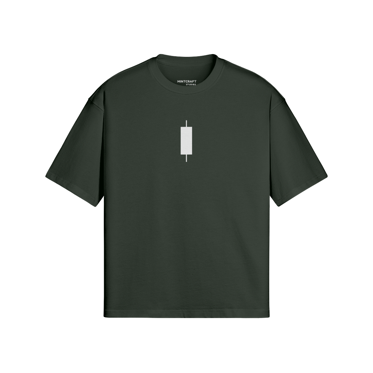 Traders Vision T-shirt in dark green, featuring minimalist design and relaxed boxy fit.