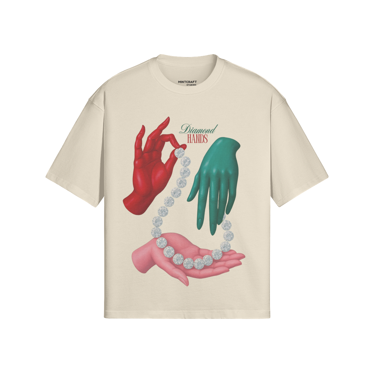 Diamond Hands T-shirt with colorful hands and diamond graphic, boxy fit, premium cotton.