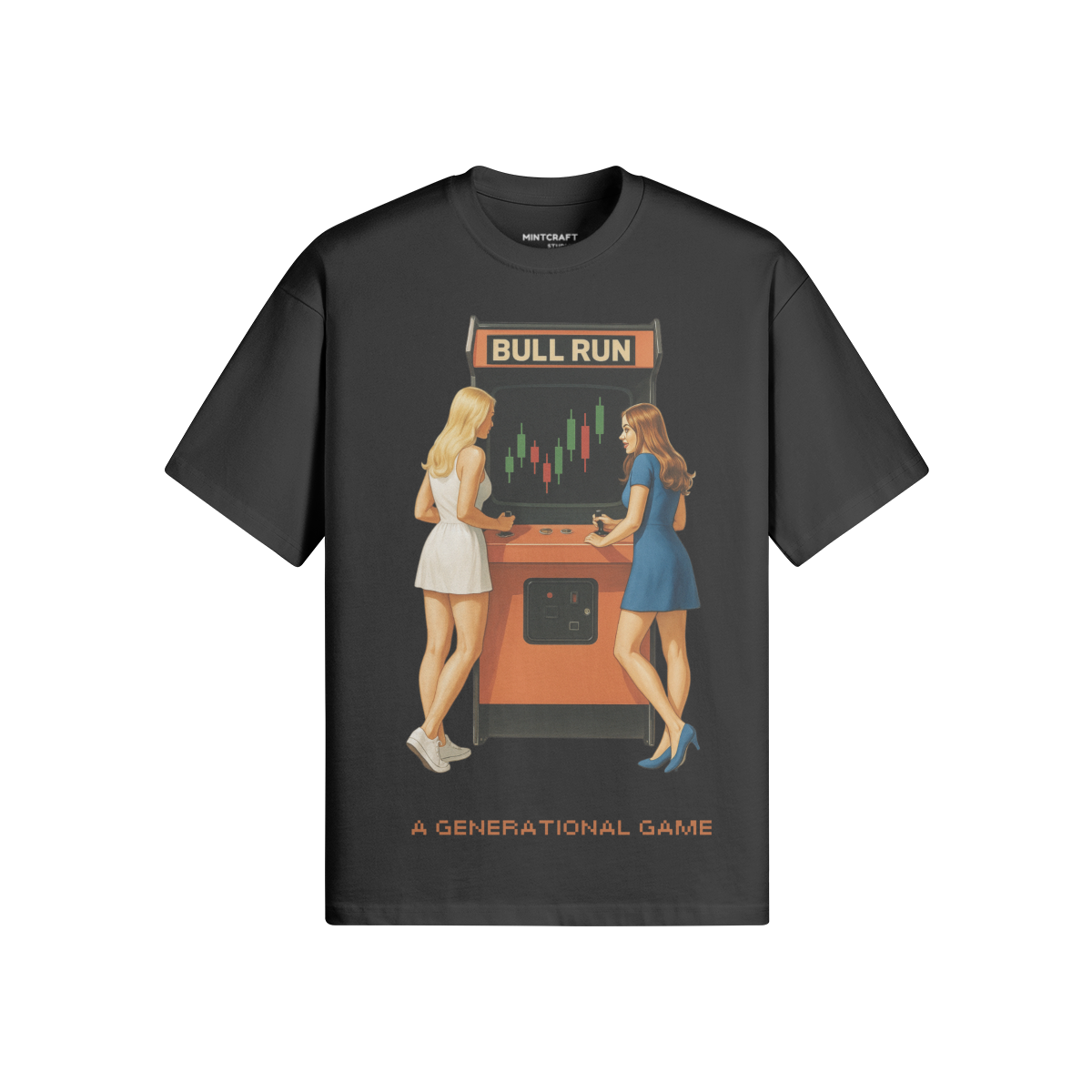 Bull Arcade T-shirt with arcade graphic, oversized fit, double yarn cotton, crew neck, and drop shoulders.