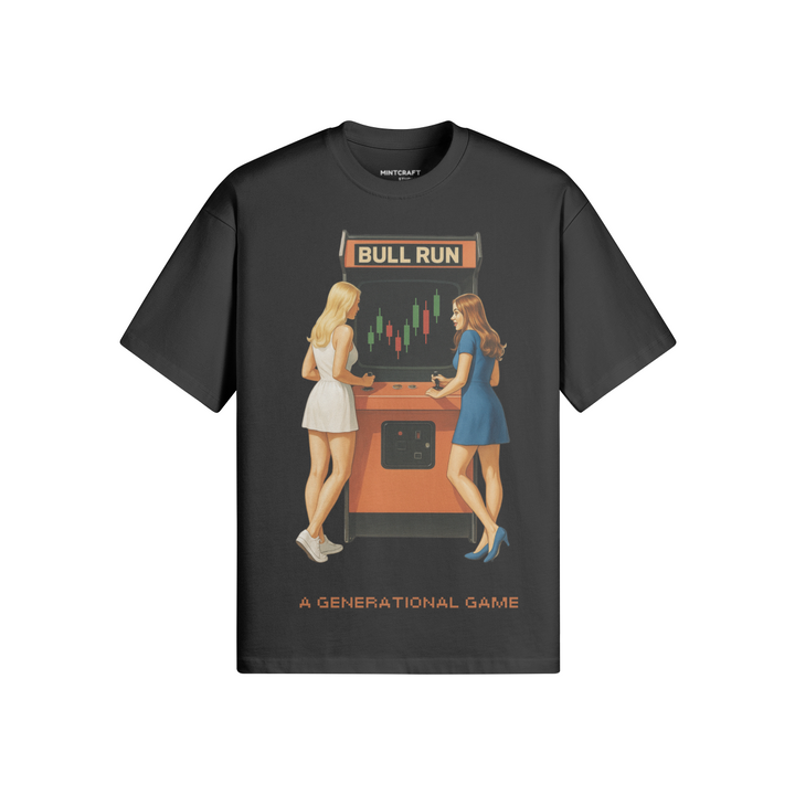 Bull Arcade T-shirt with arcade graphic, oversized fit, double yarn cotton, crew neck, and drop shoulders.