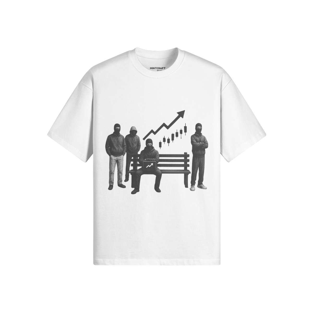 Bench Time T-shirt featuring a graphic design with a bench and arrow motif on a white background.
