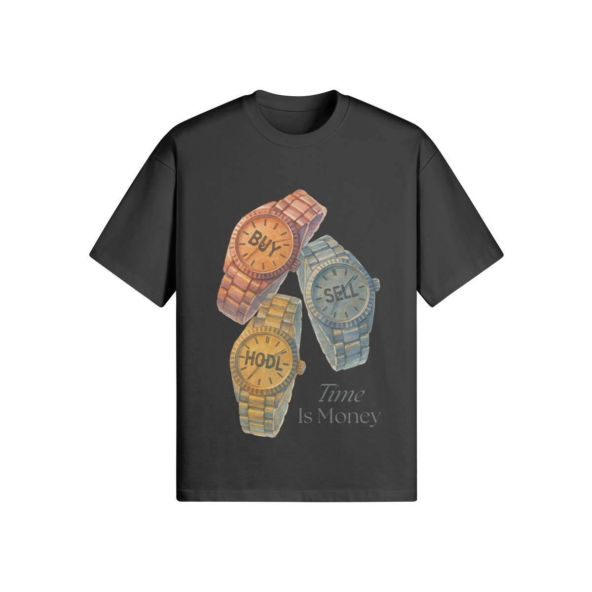 Money Time Shirt featuring watch graphics and text "Time is Money" on premium cotton fabric.