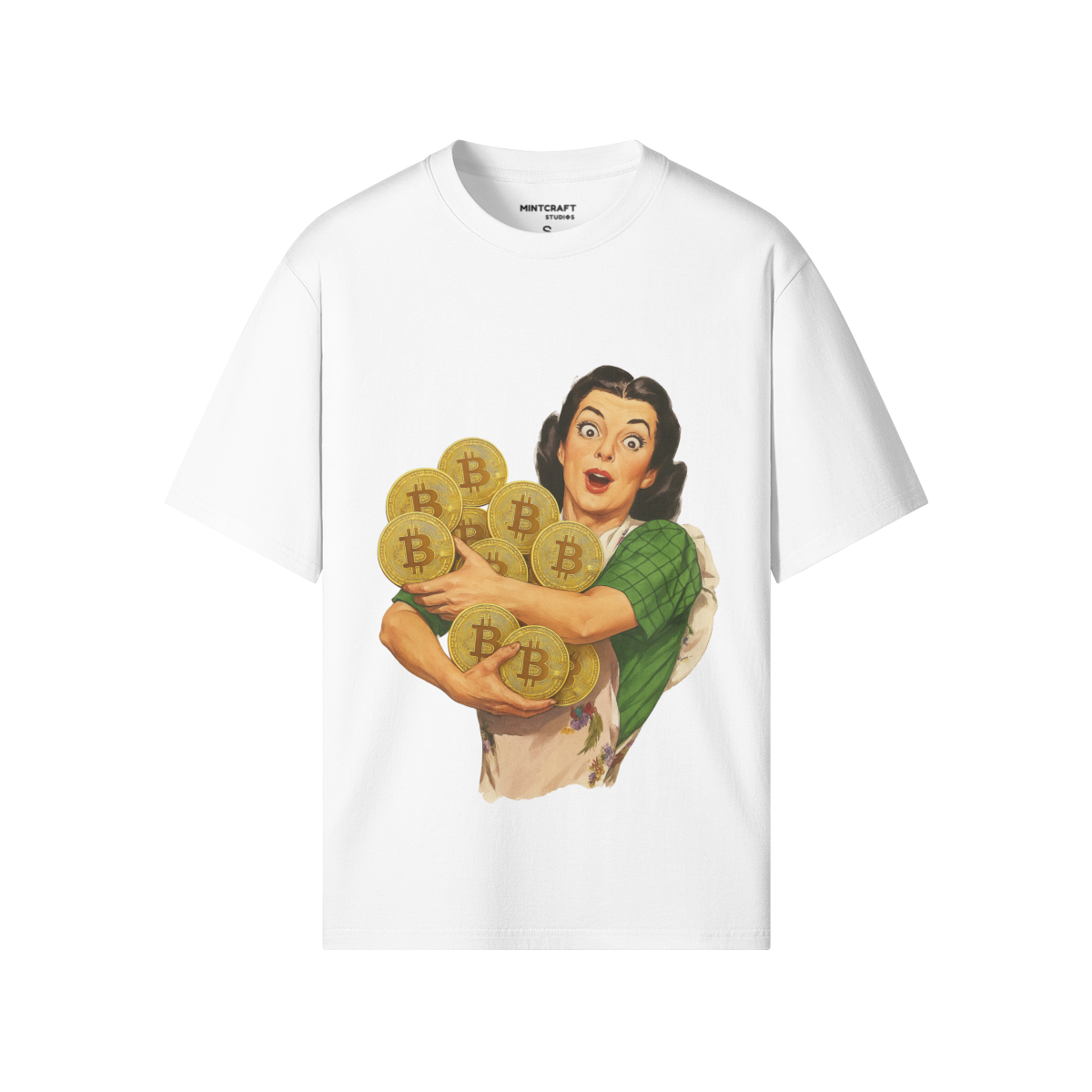 Miss Bitcoin T-shirt with playful design, 100% cotton, crew neck, regular fit.
