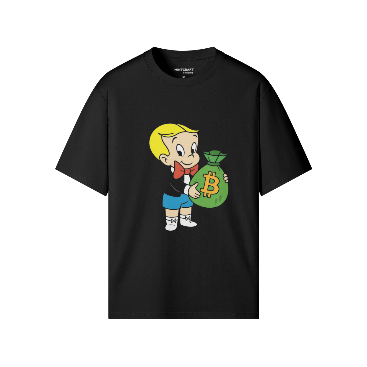 Coin Richie T-shirt featuring a cartoon character holding a money bag with a Bitcoin symbol, made of 100% cotton with a crew neck and regular fit.