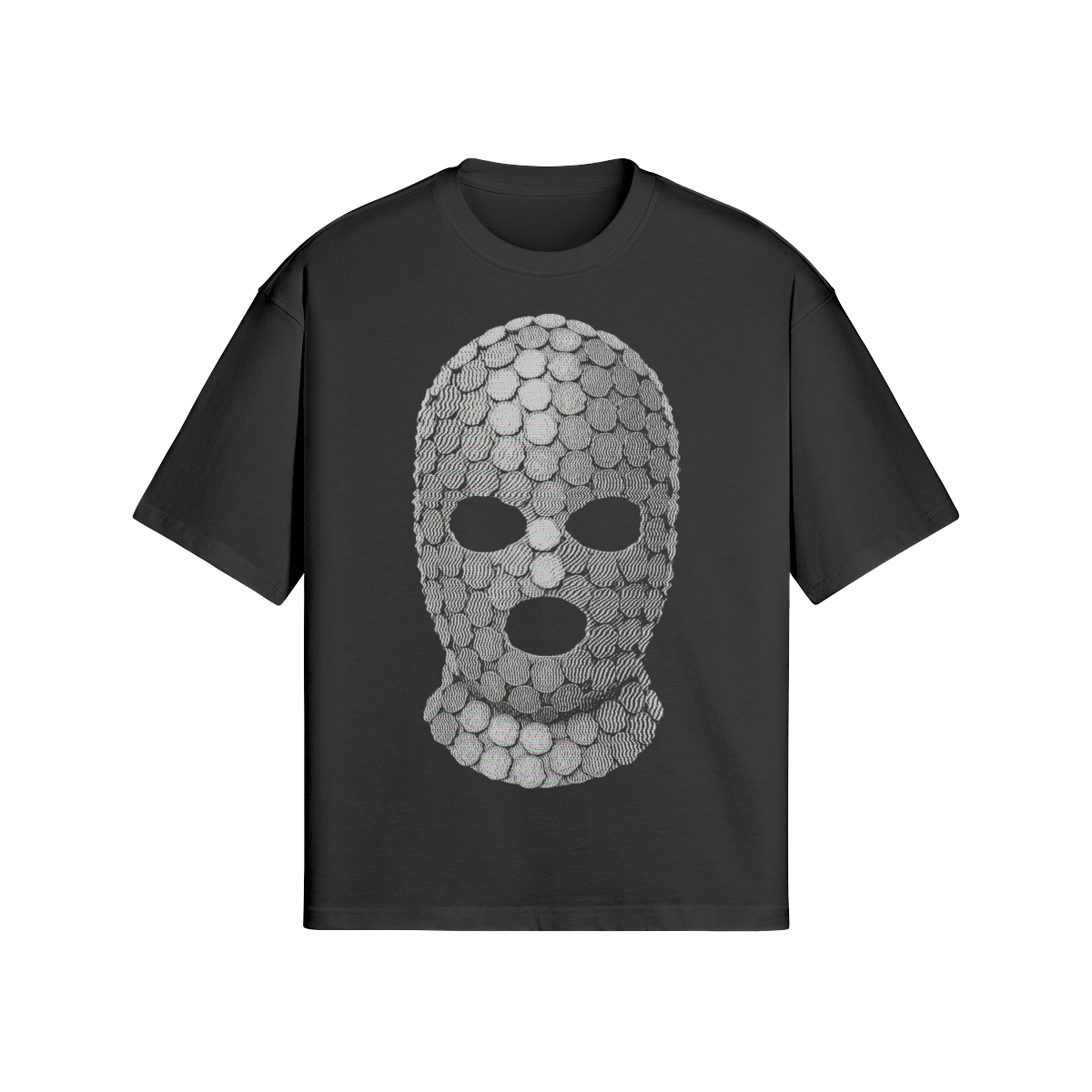 Boxy Coin Dev T-shirt with crew neck and coin mask design, made from premium-quality cotton for comfort and luxury.