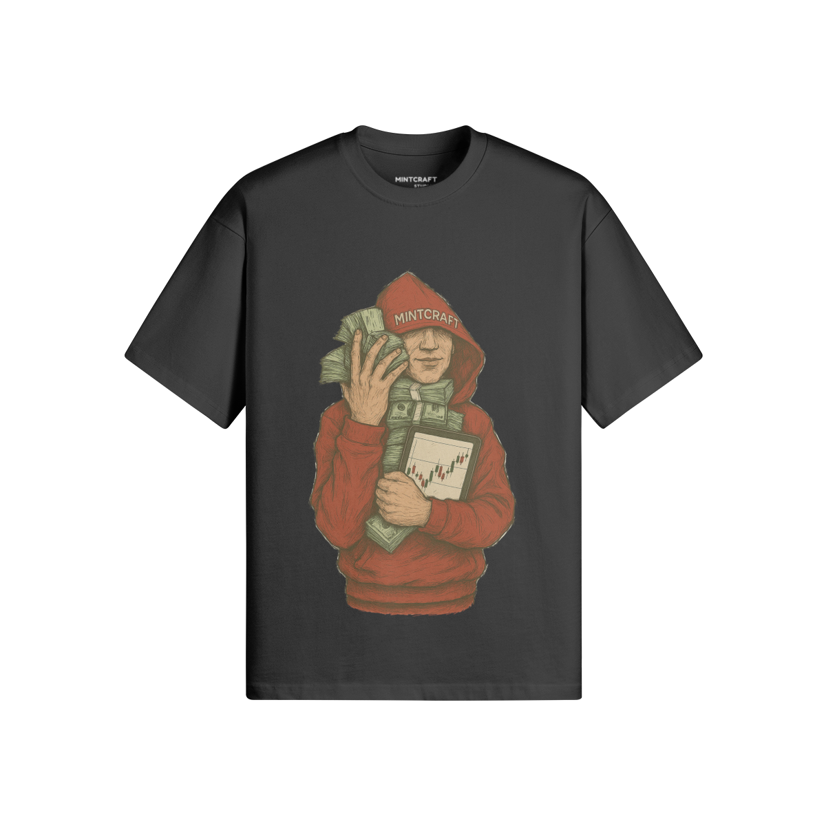 The Mintman T-shirt in dark color, featuring a unique graphic design of a person holding money and charts, oversized fit, crew neck, made from premium double yarn cotton.