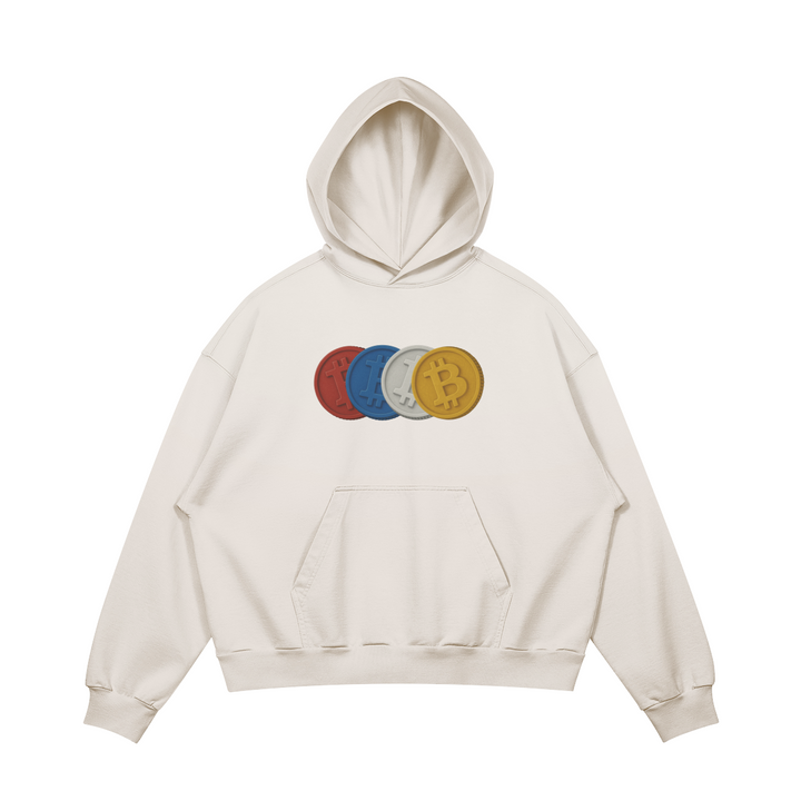 Bitcoin Blaster Hoodie with drop shoulders and kangaroo pocket, featuring unique washed effect and boxy fit.