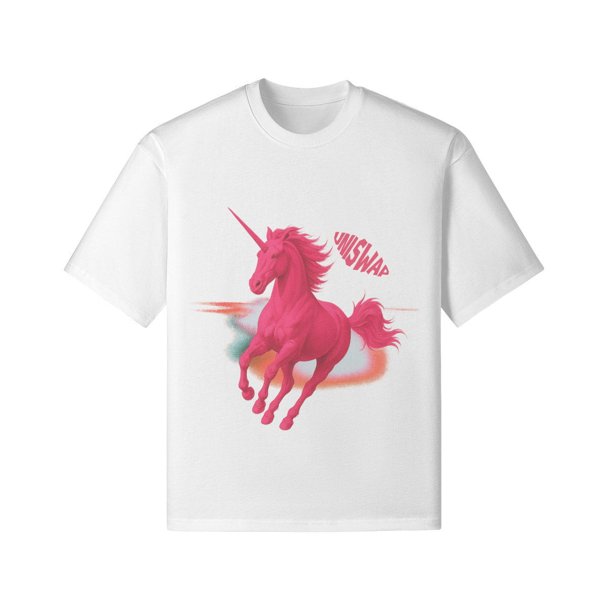 Uniswap Galactic Unicorn T-shirt with vibrant design, featuring a boxy fit, crew neck, and breathable cotton fabric.