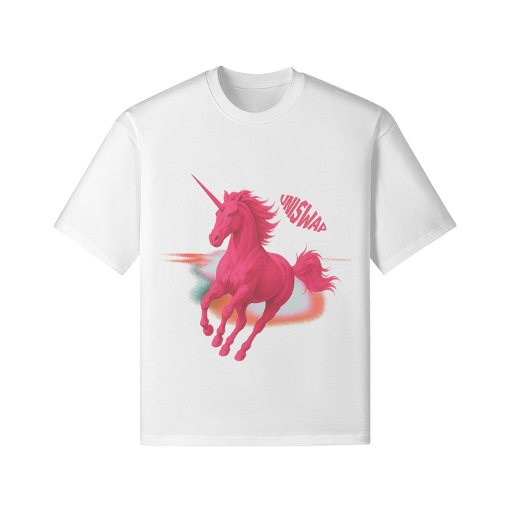 Uniswap Galactic Unicorn T-shirt with vibrant design, featuring a boxy fit, crew neck, and breathable cotton fabric.